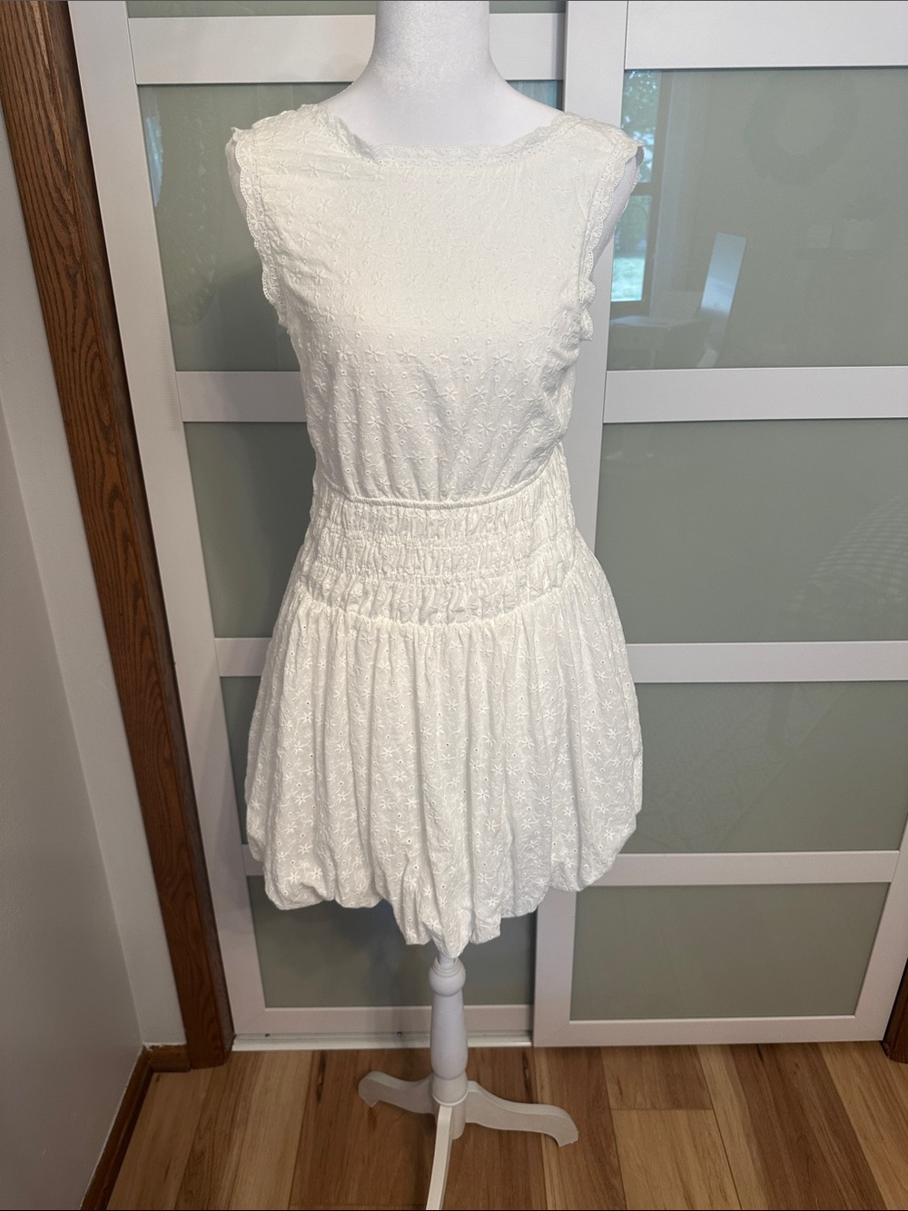 Princess Polly White Sleeveless Eyelet Bubble-Hem Mini Dress
